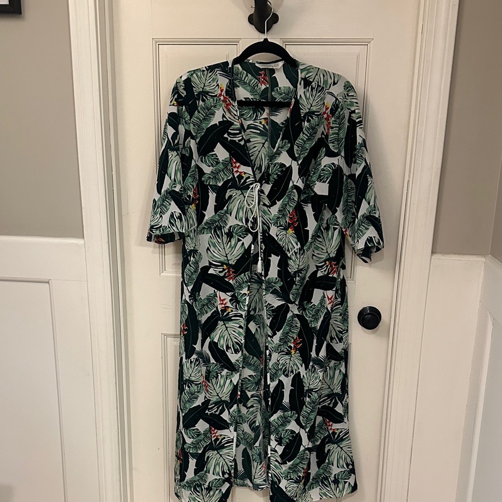 Rachel Zoe Tropical Leaf Kimono - Green, Black & Red Accents
